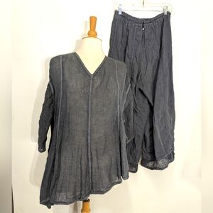 Cynthia Ashby Dark Gray V-Neck Top and Pants Set Linen Langenlook Art To Wear OS